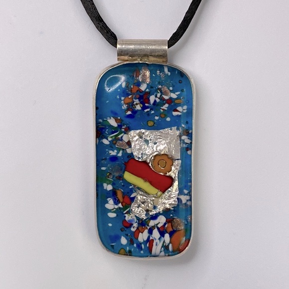 Turquoise large pendant Murano Glass Sterling silver